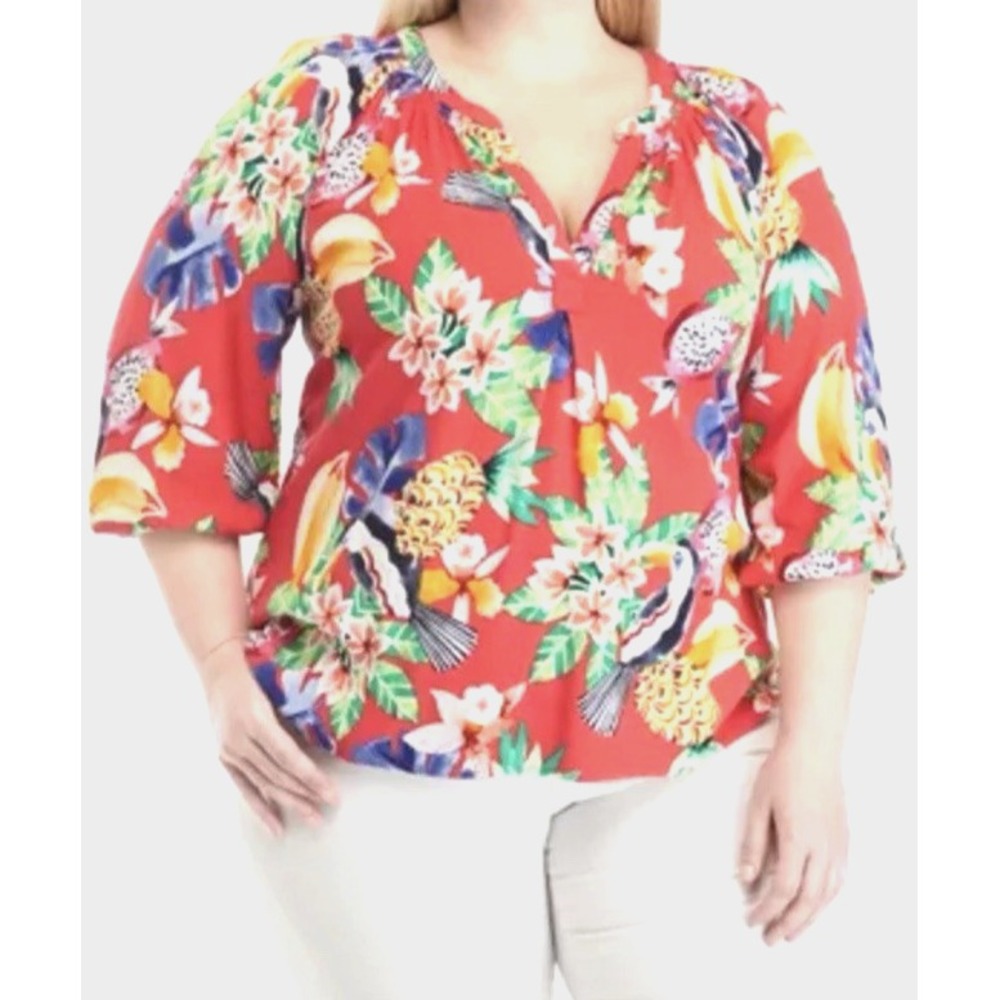 Crown & Ivy S Tropical Toucan Print Blouse‎ V-Neck Red Rayon Boho Beach Cruise